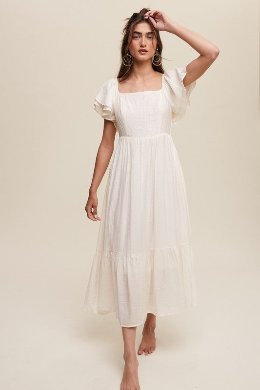 Square Neck Ruffled Short Sleeve Maxi Dress