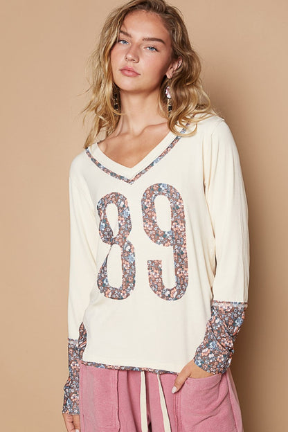 V-Neck Long Sleeve Floral Number Patch T-Shirt