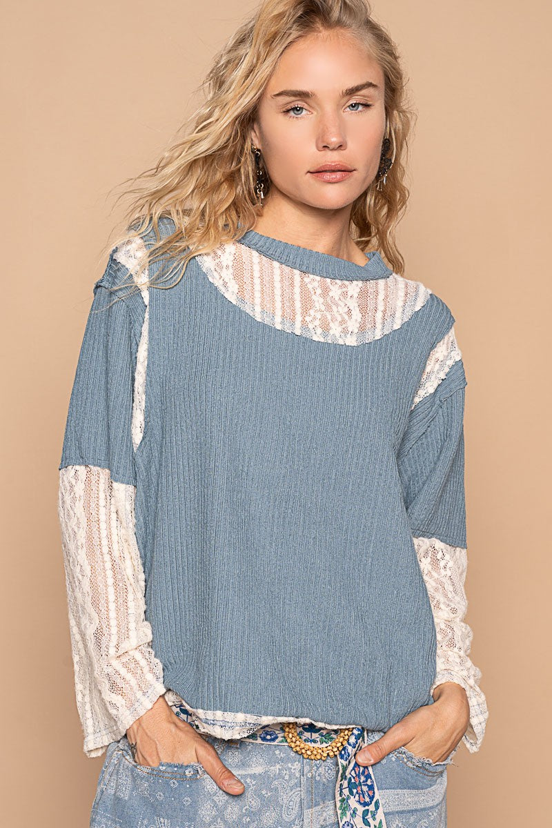 Lace Panel Round Neck Long Sleeve Top