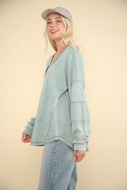 Washed V-Neck Exposed Seam Knit Top