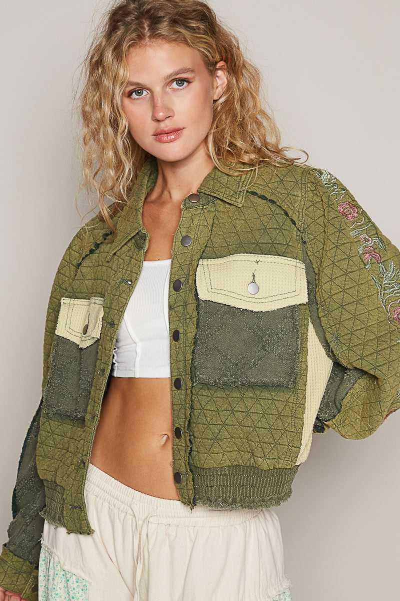 Embroidered Sleeve Raw Edge Quilted Jacket