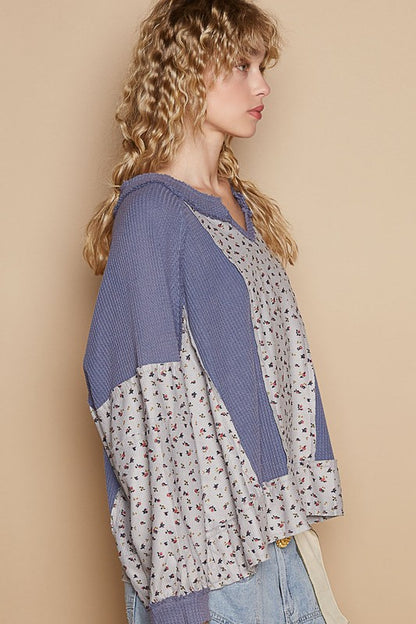 Waffle Knit Floral Notched Long Sleeve Top