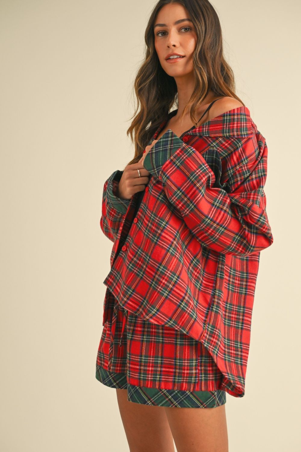 Contrast Plaid Long Sleeve Top and Shorts Set