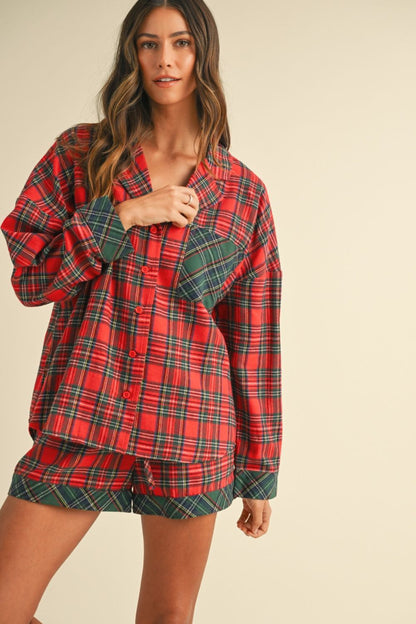 Contrast Plaid Long Sleeve Top and Shorts Set