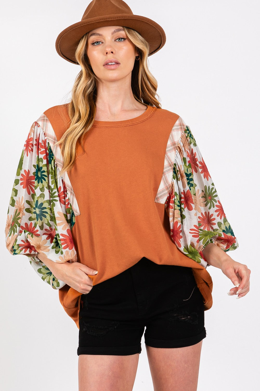 Full Size Printed Balloon Sleeve Contrast Top