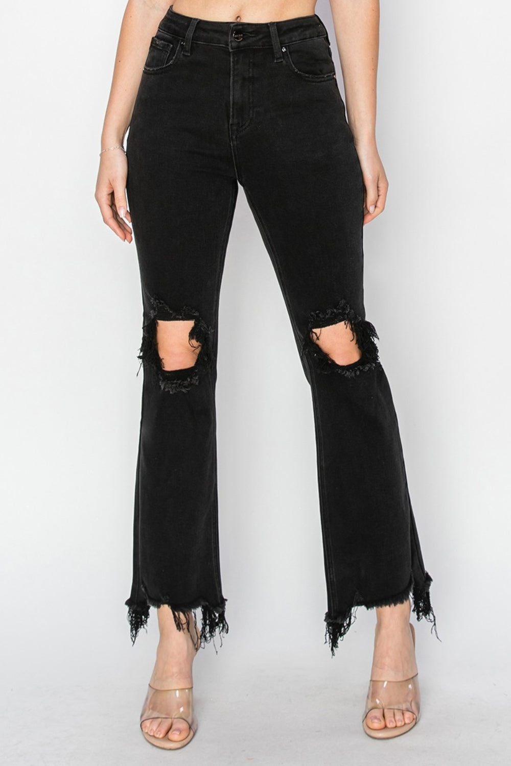 RISEN Full Size Distressed Raw Hem Flare Jeans with Pockets