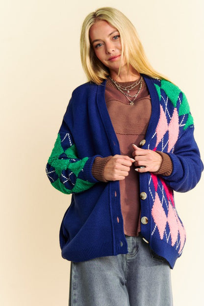 Argyle V-Neck Dropped Shoulder Cardigan