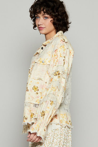 Raw Hem Lace Patch Flounce Sleeve Jacket