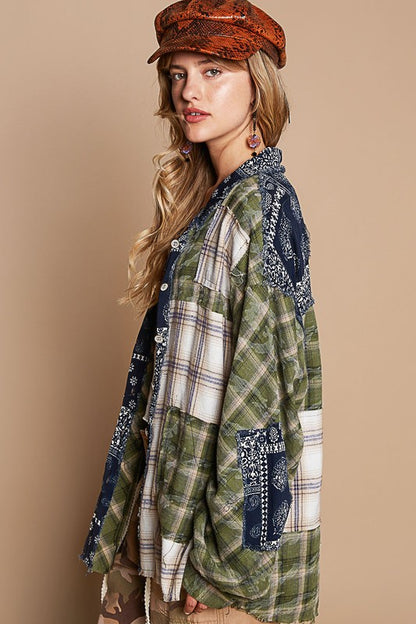 Patchwork Plaid Button Up Shirt