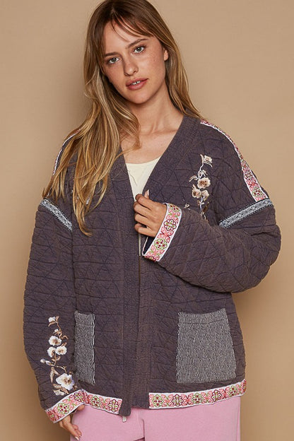 Embroidered Open Front Long Sleeve Jacket