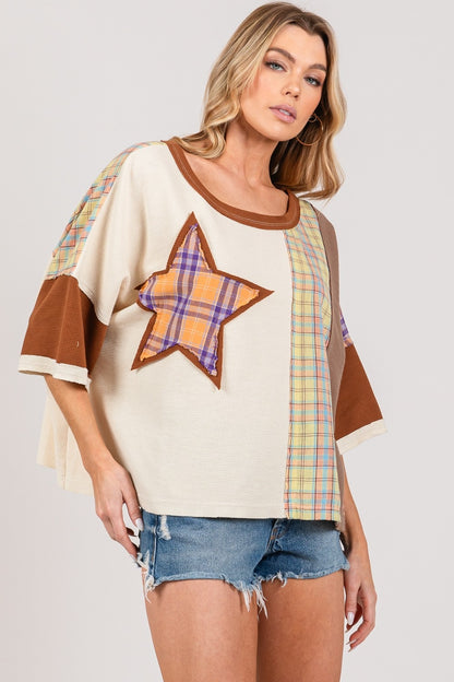 Round Neck Plaid Star Patch T-Shirt