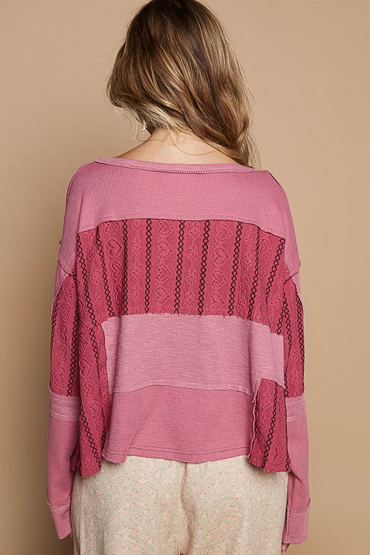 Half Button Color Block Drop Shoulder Knit Top