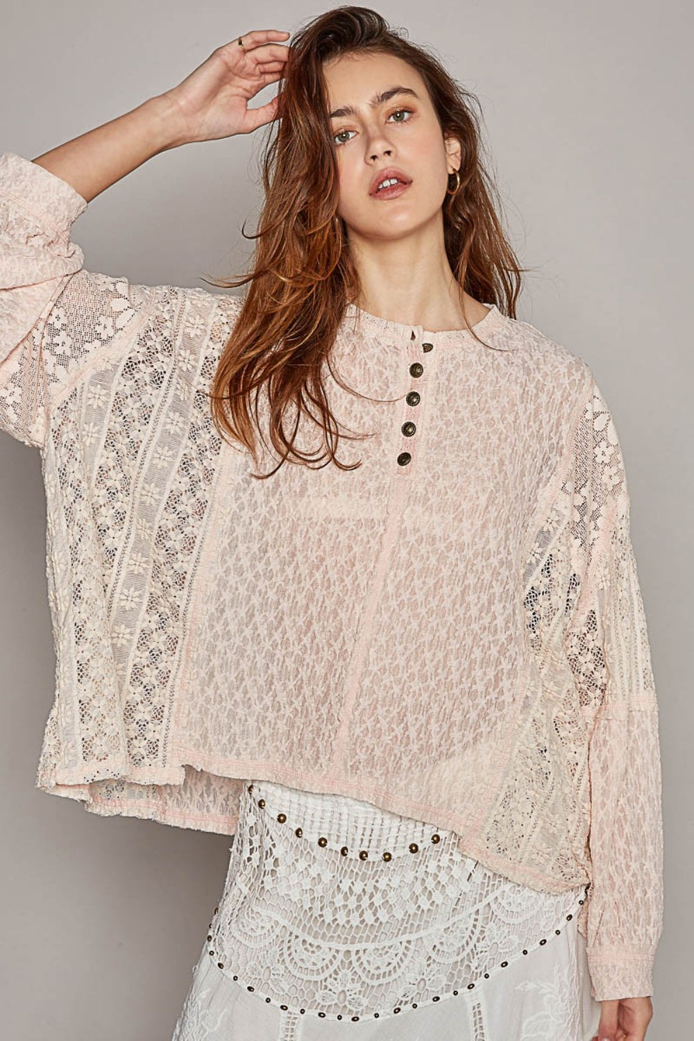 Round Neck Long Sleeve Raw Edge Lace Top