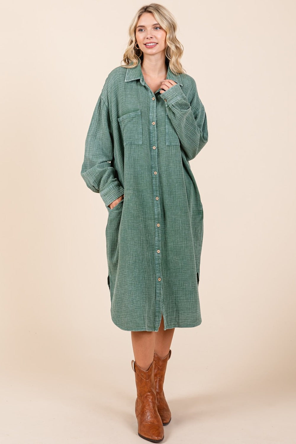 Mineral Wash Cotton Gauze Midi Shirt Dress