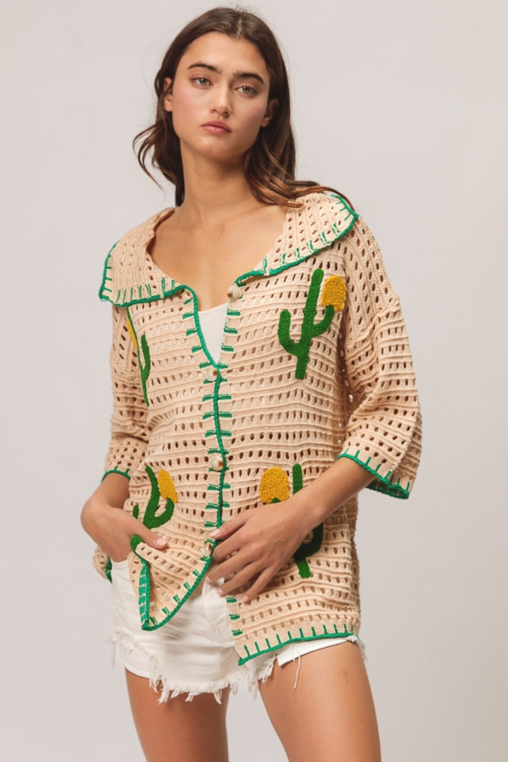 Edge Stitched Cactus Patch Cardigan