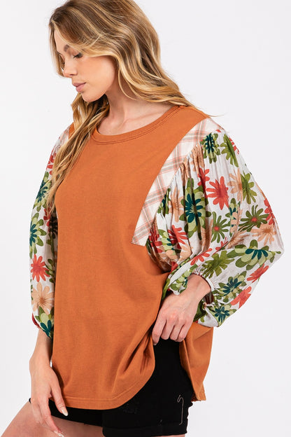 Full Size Printed Balloon Sleeve Contrast Top