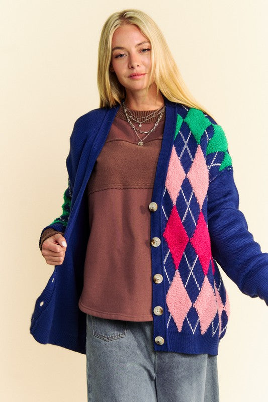 Argyle V-Neck Dropped Shoulder Cardigan