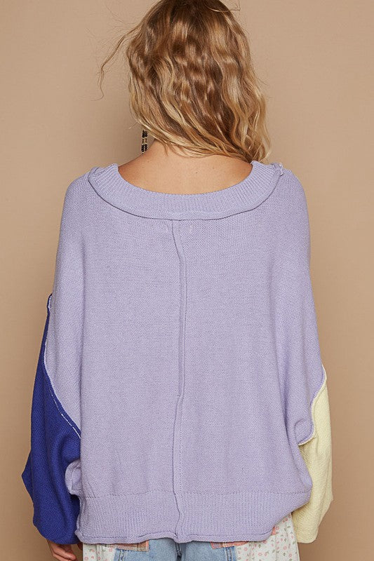 Exposed Seam Contrast V-Neck Lantern Sleeve Sweater