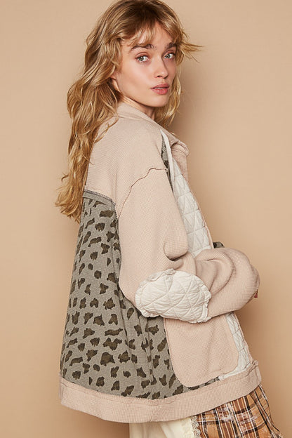 Leopard Exposed Seam Button Up Quilted Jacket