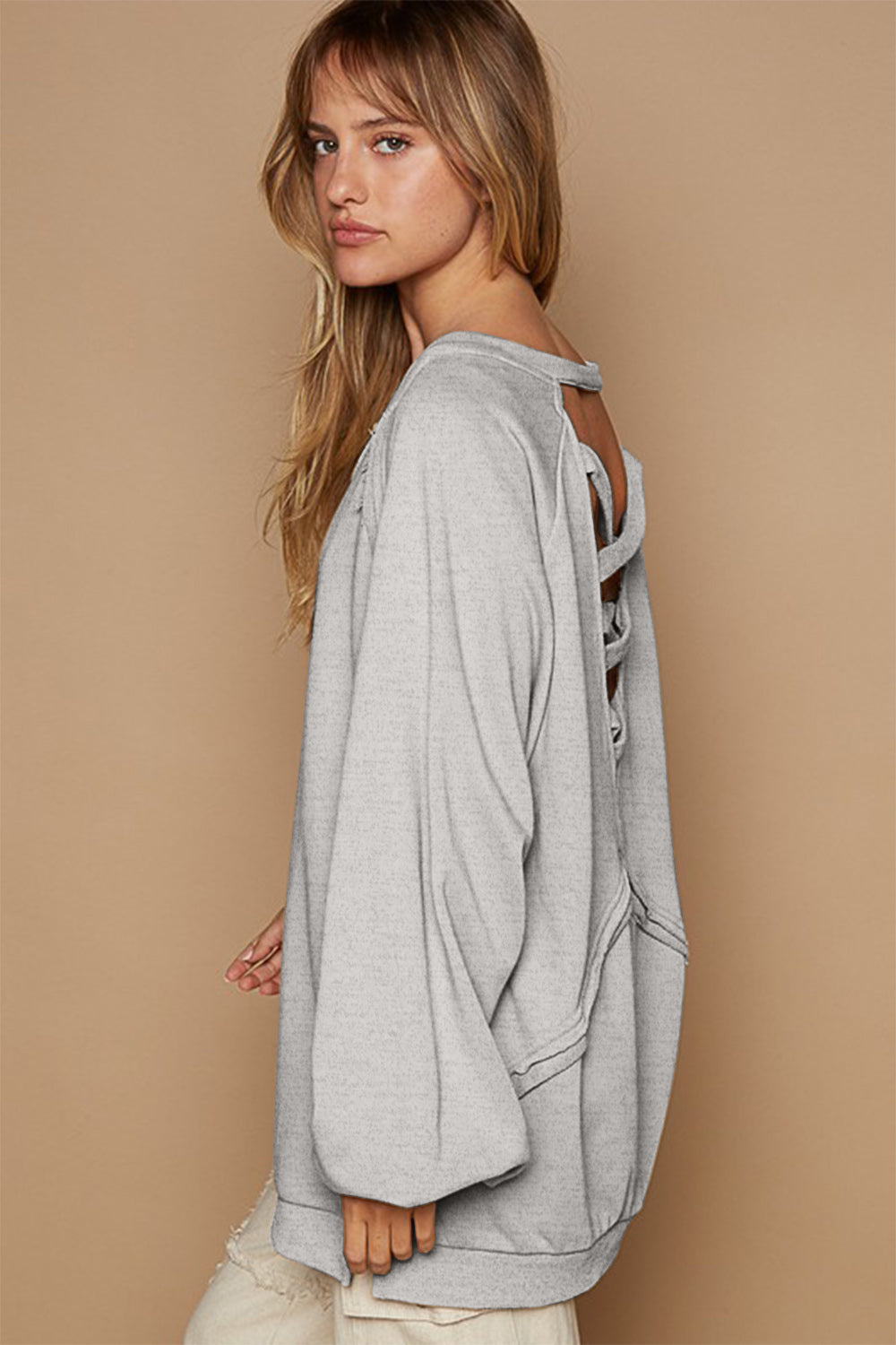 Back Cross Strap Detail Balloon Sleeve Sweatshirt