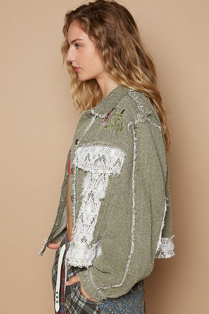 Crochet Patch Embroidered Button Up Jacket