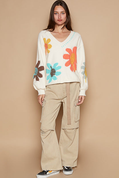 V-Neck Long Sleeve Flower Fringe Sweater