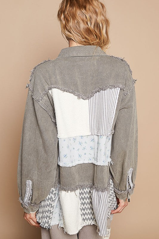 Raw Hem Patchwork Dropped Shoulder Jacket