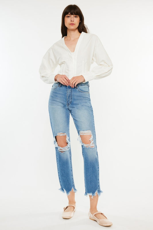 Kancan Distressed Frayed Hem Cropped Straight Jeans