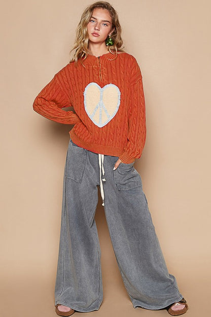 Cable-Knit Peace Patch Dropped Shoulder Sweater