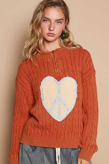 Cable-Knit Peace Patch Dropped Shoulder Sweater