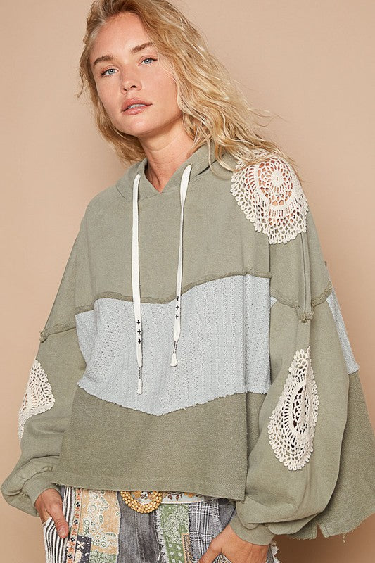 Openwork Contrast Dropped Shoulder Hoodie