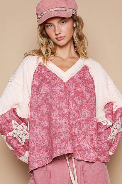 Lace Detail Floral Pattern V Neck Top