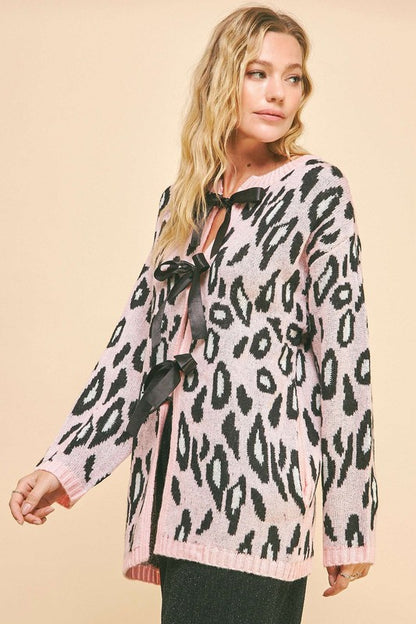 Leopard Ribbon Tie Front Loose Fit Cardigan