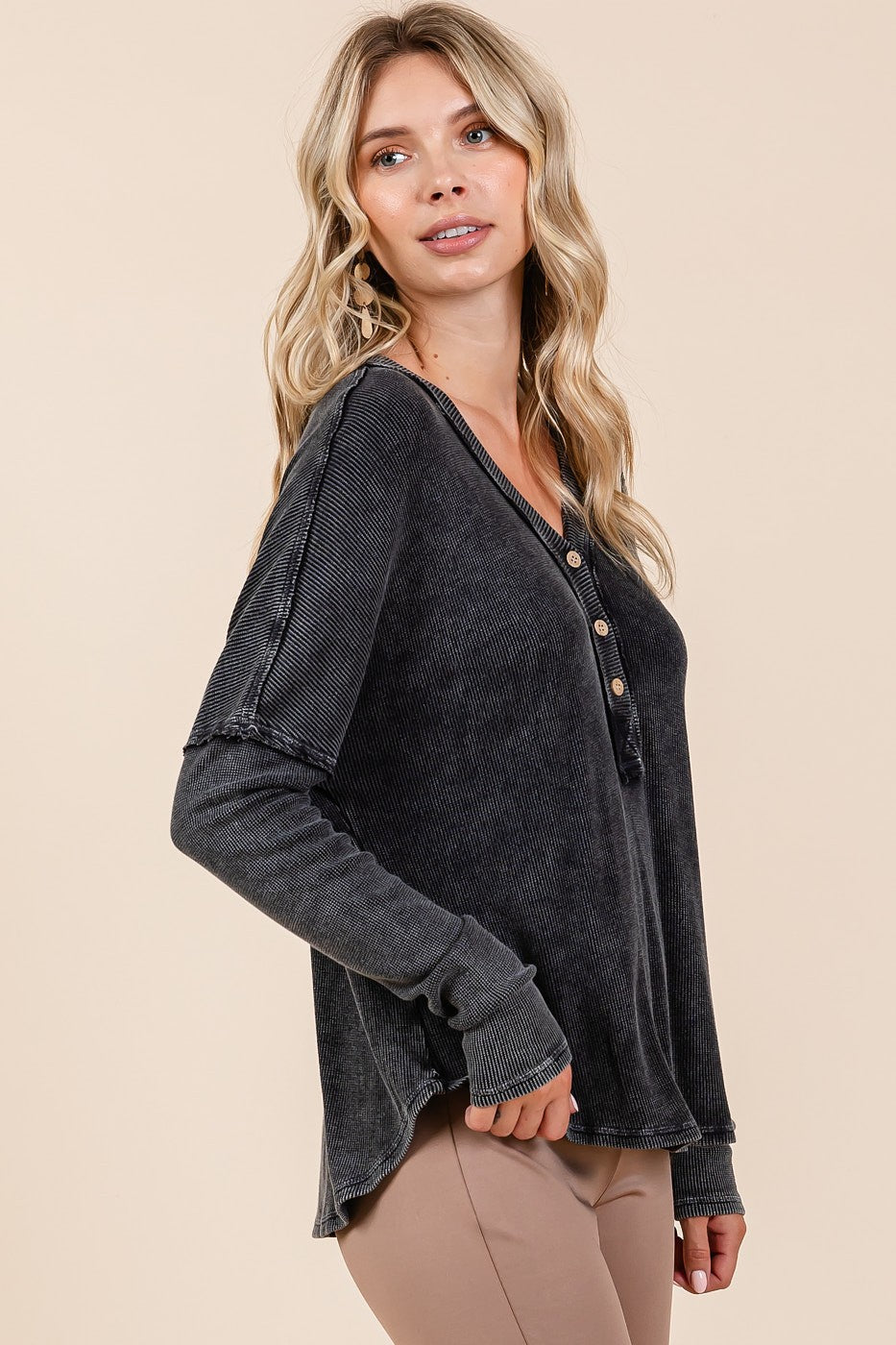 Washed V-Neck Long Sleeve Blouse