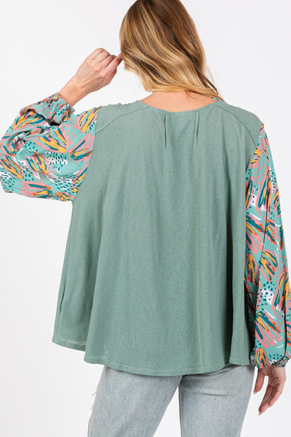 Ruched Round Neck Printed Bubble Sleeve Top