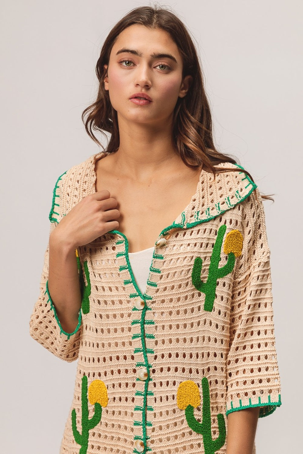 Edge Stitched Cactus Patch Cardigan