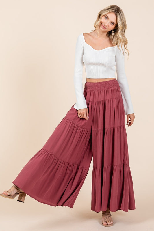 Tier Detail Smocked Elastic Waist Wide Leg Pants