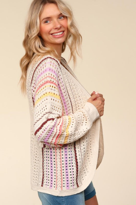 Full Size Striped Crochet Open Front Cardigan