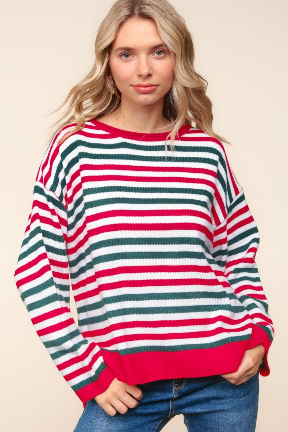 Full Size Striped Contrast Side Slit Knit Top