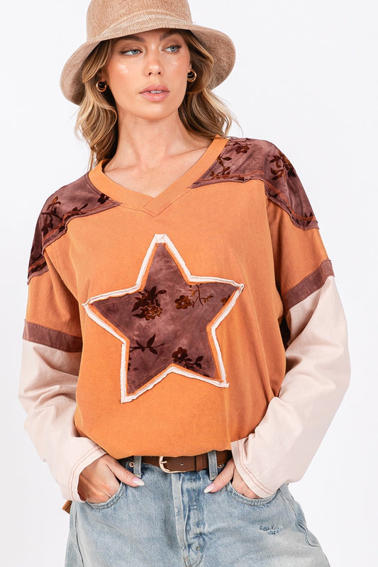 Star Patch Long Sleeve Color Block T-Shirt