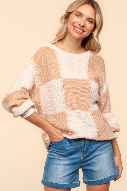 Full Size Checkered Round Neck Drop Shoulder Sweater