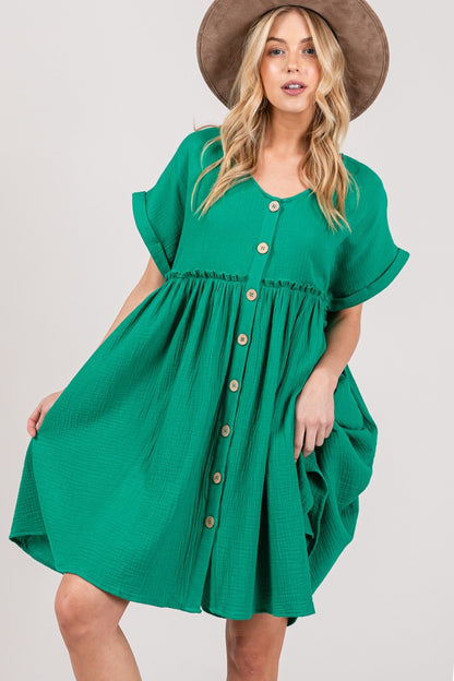 Full Size Button Up Short Sleeve Dress