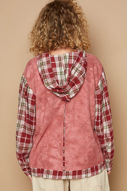 Star Patch Plaid Long Sleeve Hooded Top