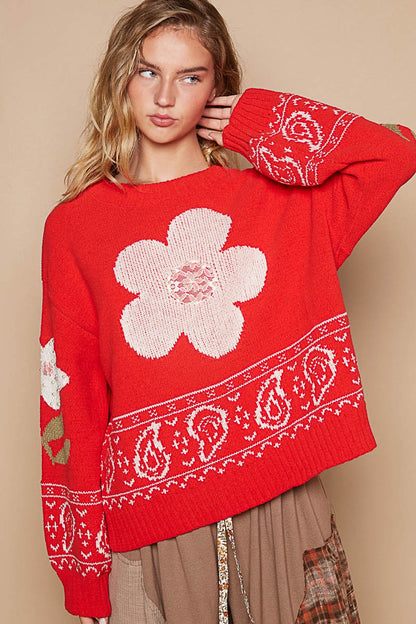 Flower Lace Patch Long Sleeve Sweater