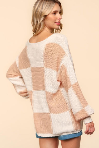 Full Size Checkered Round Neck Drop Shoulder Sweater