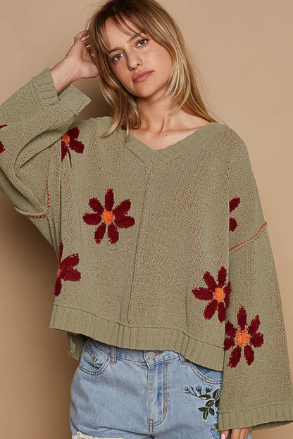 V-Neck Floral Pattern Chenille Sweater