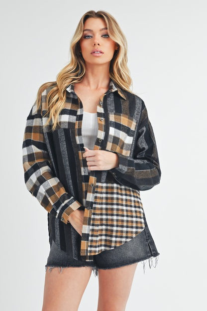 Curved Hem Plaid Button Up Shirt