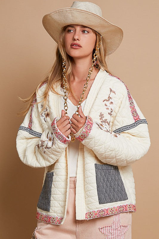 Embroidered Open Front Long Sleeve Jacket