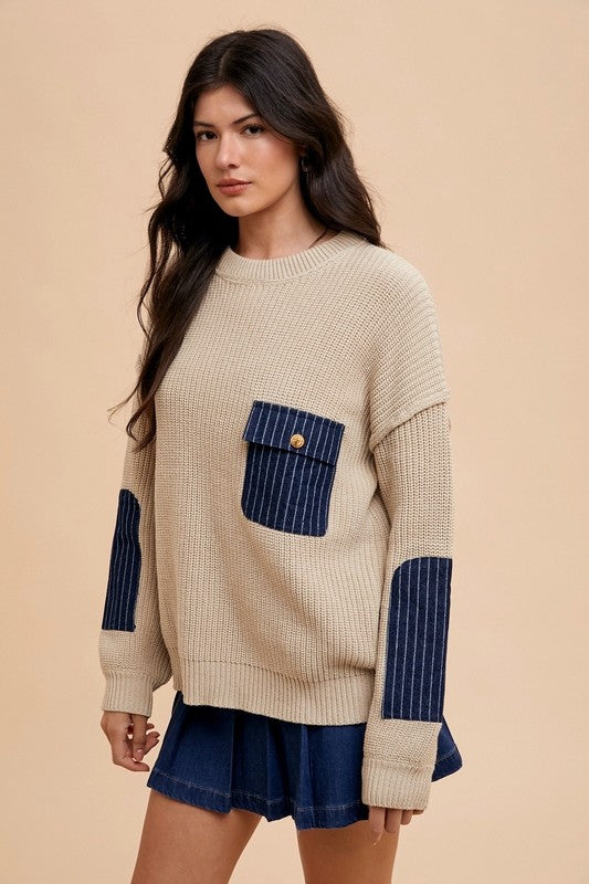 Contrast Round Neck Drop Shoulder Sweater with Patch Pocket