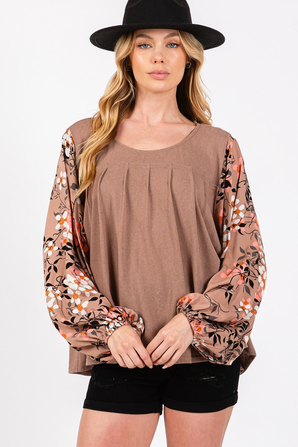 Floral Long Sleeve Front Pleated Detail Blouse Knit Top